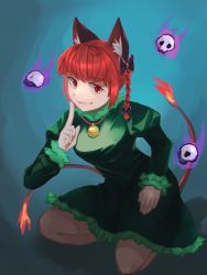 Rule 34 | 1girl, animal ear fluff, animal ears, bell, berkut-canard, black bow, blue background, bow, braid, breasts, brown pantyhose, cat ears, cat tail, closed mouth, dress, fang, fang out, finger to mouth, fire, flame-tipped tail, flaming skull, floating skull, gradient background, green dress, hair bow, hair ribbon, hand up, highres, hitodama, jingle bell, juliet sleeves, kaenbyou rin, kneeling, long sleeves, looking at viewer, medium breasts, multiple tails, nekomata, pantyhose, petticoat, puffy sleeves, purple fire, red eyes, red hair, ribbon, shushing, simple background, smile, solo, tail, touhou, tress ribbon, twin braids, twintails, two tails