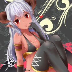Rule 34 | &gt;:), 1girl, ahoge, albino, bikini, black bikini, black gloves, blush, breasts, closed mouth, covered erect nipples, dark-skinned female, dark skin, demon girl, demon horns, dutch angle, gloves, heart, horns, knees up, looking at viewer, medium breasts, original, pointy ears, red eyes, revealing clothes, riel (yua), sitting, smile, solo, swimsuit, tan, thighhighs, v-shaped eyebrows, white hair, yua (checkmate)