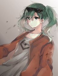 Rule 34 | 1girl, closed mouth, collarbone, expressionless, eyewear on head, gradient background, green eyes, green hair, grey hair, grey shirt, hair between eyes, hatsune miku, jacket, long hair, open clothes, open jacket, red jacket, shirt, solo, suna no wakusei (vocaloid), sunglasses, tsurime, twintails, umigumo yuuna, upper body, vocaloid