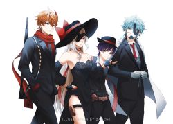 Rule 34 | 1girl, 3boys, absurdres, black dress, black gloves, black headwear, black necktie, black pants, black suit, black vest, blonde hair, blue eyes, blue hair, bow, breasts, brown hair, buttoning, cleavage, coat, dottore (genshin impact), dress, earbuds, earphones, earrings, eyepatch, fingerless gloves, formal, genshin impact, gloves, gun, hand on own hip, hand up, hands in pockets, hat, hat bow, highres, holster, jewelry, long hair, looking at another, looking at viewer, mask, multiple boys, nail polish, necktie, over shoulder, pants, parted lips, purple eyes, red bow, red eyes, red nails, red necktie, red scarf, scaramouche (genshin impact), scarf, short hair, signora (genshin impact), suit, tartaglia (genshin impact), thigh holster, thigh strap, vest, walking, weapon, weapon over shoulder, white background, white coat, white gloves, zahchii (airiakasaki)