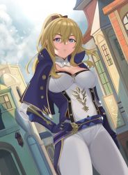 Rule 34 | 1girl, absurdres, black gloves, blonde hair, blue capelet, blue eyes, bow, breasts, building, capelet, cleavage, detached sleeves, genshin impact, gloves, hair between eyes, hair bow, hand on own hip, highres, jean (genshin impact), large breasts, looking at viewer, pants, ponytail, quatthro, ribbon, sidelocks, sky, solo, tight clothes, tight pants