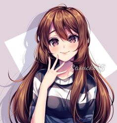 Rule 34 | 1girl, artist name, black sweater, blush, breasts, brown eyes, brown hair, closed mouth, commentary, emirichu (character), english commentary, finger to cheek, fingernails, hair between eyes, hand up, head tilt, long hair, looking at viewer, multicolored background, purple background, sasucchi95, short sleeves, sidelocks, smile, solo, striped clothes, striped sweater, sweater, two-tone background, upper body, white background, white sweater, youtube