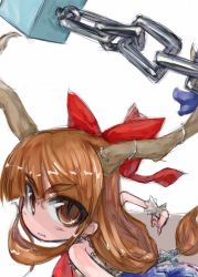 Rule 34 | 1girl, bow, brown eyes, brown hair, chain, female focus, hair bow, ibuki suika, looking at viewer, red bow, simple background, skirt, sleeveless, solo, tao, tao (kadoya), touhou, upper body, white background, wrist cuffs