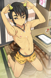 Rule 34 | 1boy, arms up, barefoot, black eyes, black hair, bulge, calendar (object), coin rand, from above, jewelry, kneeling, kotatsu, looking at viewer, male focus, navel, necklace, nipples, no pants, oni, original, topless male, short hair, solo, table, underwear, underwear only