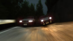 Rule 34 | 3d, ae86, battle, car, forest, guard rail, highres, initial d, lens flare, lights, motion blur, motor vehicle, nature, night, night sky, no humans, outdoors, pacochan, road, sky, toyota, toyota sprinter trueno, toyota sprinter levin, toyota sprinter trueno, tree, vehicle, vehicle focus