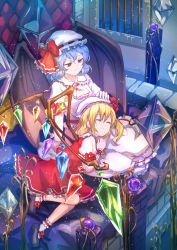 Rule 34 | 2girls, ^ ^, ascot, bat wings, black footwear, blonde hair, blue hair, bow, brooch, closed eyes, crystal, dress, flandre scarlet, frilled shirt collar, frills, hair between eyes, hand on another&#039;s head, hat, hat bow, highres, indoors, jewelry, lap pillow, light particles, looking at viewer, mary janes, menghuanaluobu, mob cap, multiple girls, one side up, petticoat, puffy short sleeves, puffy sleeves, red bow, red dress, red eyes, remilia scarlet, shoes, short dress, short hair, short sleeves, siblings, sidelocks, sisters, sitting, smile, socks, touhou, white ascot, white dress, white headwear, white legwear, wings, wrist cuffs