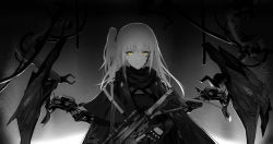 Rule 34 | 1girl, absurdres, ar-15, assault rifle, capelet, closed mouth, girls&#039; frontline, glowing, glowing eyes, greyscale, gun, highres, holding, holding gun, holding weapon, long hair, looking at viewer, machine, monochrome, one side up, rifle, scarf, scope, sidelocks, solo, spot color, st ar-15 (girls&#039; frontline), trigger discipline, upper body, weapon, wu lun wujin, yellow eyes