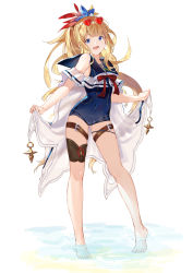 Rule 34 | 1girl, bare shoulders, barefoot, blue one-piece swimsuit, bow, bowtie, cagliostro (granblue fantasy), cagliostro (summer) (granblue fantasy), commentary request, covered navel, eyewear on head, fingernails, full body, hair ornament, highres, holding, long hair, one-piece swimsuit, open mouth, original, sailor collar, school uniform, shijiuqaq, shiny clothes, sidelocks, simple background, sleeveless, solo, standing, sunglasses, sunglasses on head, swimsuit, thigh strap, thighs, toes, wading, water drop, white background