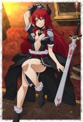 Rule 34 | 1girl, absurdres, airomed, ankle boots, armor, boots, borrowed character, breasts, center opening, choker, chuunioniika, cleavage, couch, demon girl, gloves, highres, horns, jewelry, large breasts, long hair, long sword, metal gloves, original, pauldrons, pendant, red hair, sash, shoulder armor, showgirl skirt, sideboob, single glove, sitting, smile, solo, sword, very long hair, weapon, yellow eyes