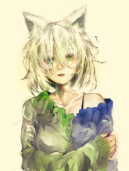 Rule 34 | 1girl, absurdres, animal ears, bare shoulders, blue eyes, blue shirt, collarbone, eyes visible through hair, female focus, green eyes, green shirt, hair over eyes, hand on own arm, head tilt, highres, maido mido, off shoulder, original, parted lips, shiratan, shirt, short hair, sleepy, sleeves past wrists, solo, translation request, upper body, white hair