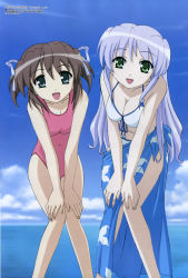 Rule 34 | 2girls, :d, absurdres, asagiri mai, beads, bikini, blue eyes, blue sky, breasts, breasts squeezed together, casual one-piece swimsuit, cleavage, cloud, day, feena fam earthlight, floral print, front-tie top, green eyes, grey hair, hair ribbon, hands on own knees, happy, highres, knees together feet apart, leaning forward, light purple hair, long hair, looking at viewer, magazine scan, medium breasts, megami magazine, multiple girls, navel, non-web source, ocean, official art, one-piece swimsuit, open mouth, outdoors, pink one-piece swimsuit, ribbon, saitou masakazu, sarong, scan, short hair, short twintails, sidelocks, sky, small breasts, smile, standing, swimsuit, twintails, very long hair, water, wet, wet hair, white bikini, yoake mae yori ruri iro na, yoake mae yori ruri iro na: crescent love