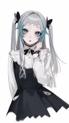 Rule 34 | 1girl, :o, aqua eyes, aqua hair, arm at side, black bow, black dress, black ribbon, bow, butterfly hair ornament, commentary request, cropped torso, dress, frills, grey hair, hair bow, hair ornament, hand up, highres, long hair, long sleeves, looking at viewer, makeup, male focus, mascara, multicolored hair, neck ribbon, ohisashiburi, open mouth, original, puffy long sleeves, puffy sleeves, ribbon, simple background, solo, twintails, two-tone hair, white background