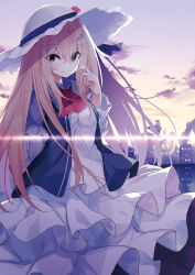 Rule 34 | 1girl, black eyes, blonde hair, blue jacket, breasts, cityscape, closed mouth, cloud, commentary request, dress, hair between eyes, hand up, hat, jacket, kavka, long hair, long sleeves, looking at viewer, open clothes, open jacket, original, outdoors, pleated dress, reflection, sky, sleeveless, sleeveless jacket, small breasts, smile, solo, sun hat, sunset, very long hair, weapon, white dress, white hat, wide sleeves