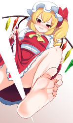 Rule 34 | 1girl, absurdres, akabashi yuusuke, ascot, bare legs, barefoot, blonde hair, bow, commentary request, feet, flandre scarlet, foot focus, foreshortening, from below, hat, hat bow, highres, looking at viewer, miniskirt, mob cap, no panties, puffy short sleeves, puffy sleeves, red bow, red eyes, red skirt, short sleeves, side ponytail, simple background, skirt, skirt set, smile, soles, solo, toes, touhou, uneven eyes, vest, white background, white hat, wings, yellow ascot