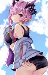 Rule 34 | 1girl, ass, bare shoulders, bikini, black bikini, blue sky, blush, breasts, closed mouth, cloud, cowboy shot, day, earrings, eyes visible through hair, grey jacket, hair over one eye, hamu (plot sy), highres, horns, jacket, jewelry, leaning forward, long sleeves, looking at viewer, medium breasts, off shoulder, open clothes, open jacket, oscurol (shironeko project), oscurol (shironeko project), outdoors, pink eyes, pink hair, pointy ears, shironeko project, short hair, sky, sleeves past wrists, solo, standing, stud earrings, swimsuit, track jacket