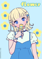 Rule 34 | 1girl, blonde hair, blue background, blue dress, blue eyes, blue flower, blue nails, blush stickers, cellphone, commentary, covered mouth, dated, dress, earrings, flip phone, flower, flower earrings, grey shirt, hair flower, hair ornament, hairclip, hand up, head tilt, highres, holding, holding phone, jewelry, looking at viewer, nail polish, neki (wakiko), original, phone, puffy short sleeves, puffy sleeves, shirt, short sleeves, simple background, sleeveless, sleeveless dress, solo, twitter username, upper body, white flower