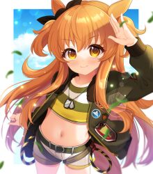Rule 34 | 1girl, animal ears, belt, bomber jacket, breasts, closed mouth, collarbone, commentary request, crop top, dog tags, hair ornament, highres, jacket, leaf, looking at viewer, mayano top gun (umamusume), midriff, navel, neon ui, orange eyes, orange hair, salute, shorts, sky, small breasts, smile, solo, sparkle, umamusume