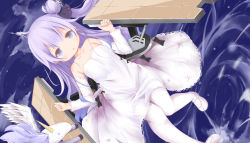 Rule 34 | 1girl, ahoge, animal, azur lane, bare shoulders, black bow, black ribbon, blue sky, blush, bow, cannon, chestnut mouth, cloud, collarbone, commentary request, criss-cross halter, dress, fata (minifata), fingernails, flight deck, hair bun, hair ornament, hair ribbon, halterneck, highres, long hair, looking at viewer, mary janes, ocean, one side up, outdoors, pantyhose, parted lips, purple eyes, purple hair, ribbon, shoes, side bun, single hair bun, single side bun, sky, solo, turret, unicorn (azur lane), very long hair, water, white dress, white footwear, white pantyhose, winged unicorn
