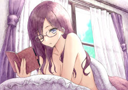 Rule 34 | 1girl, ;o, aramachi, blanket, blue eyes, book, breasts, collarbone, commentary request, curtains, day, glasses, grey-framed eyewear, highres, holding, holding book, idolmaster, idolmaster cinderella girls, indoors, long hair, lying, medium breasts, nude, on stomach, one eye closed, open book, parted lips, pillow, purple hair, solo, under covers, window, yagami makino