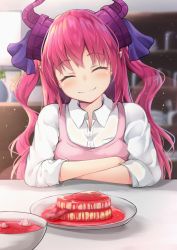 Rule 34 | 1girl, alternate costume, apron, arm support, bad id, bad pixiv id, blood, blurry, blurry background, blush, bowl, closed mouth, collared shirt, commentary request, curled horns, depth of field, elizabeth bathory (fate), elizabeth bathory (fate/extra ccc), eyeball, closed eyes, facing viewer, fang, fang out, fate/grand order, fate (series), flower, food, head tilt, horns, indoors, inora, long hair, meat, pink apron, pink hair, plate, pointy ears, shelf, shirt, sidelocks, sleeves rolled up, smile, solo, soup, table, tongue, two side up, upper body, vase, wavy hair, white shirt, wing collar