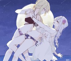 Rule 34 | 2girls, assault lily, blonde hair, blush, bracelet, commentary request, flower, hair flower, hair ornament, highres, holding hands, interlocked fingers, jewelry, karasuto, kon kanaho, miyagawa takane, moon, multicolored nails, multiple girls, nail polish, navel, necklace, night, night sky, open mouth, outdoors, purple eyes, purple nails, ring, shooting star, sky, star (sky), starry sky, teeth, tongue, upper teeth only, yellow eyes, yellow nails, yuri