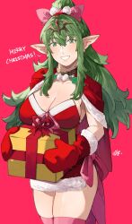 Rule 34 | 1girl, alternate costume, blush, breasts, capelet, christmas, cleavage, commentary, dress, earrings, english commentary, fire emblem, fire emblem awakening, fur-trimmed capelet, fur-trimmed dress, fur-trimmed gloves, fur trim, gloves, green eyes, green hair, hair between eyes, hair ornament, hair ribbon, highres, jewelry, large breasts, long hair, looking at viewer, merry christmas, nintendo, open mouth, pink ribbon, pink thighhighs, pointy ears, ponytail, red background, red capelet, red dress, red gloves, ribbon, sakuremi, sidelocks, simple background, smile, solo, strapless, strapless dress, thighhighs, thighs, tiki (adult) (fire emblem), tiki (fire emblem), very long hair