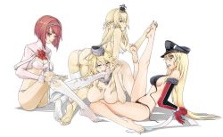 Rule 34 | 4girls, ark royal (kancolle), arms behind back, ass, bare shoulders, barefoot, between toes, bikini, bismarck (kancolle), blonde hair, blue eyes, bob cut, bound, bound wrists, bra, braid, breasts, cleavage, clothes pull, crown, detached sleeves, feet, flower, foot focus, foot worship, freega, french braid, hair between eyes, half up braid, hands on feet, hat, headgear, holding another&#039;s foot, iowa (kancolle), jacket, kantai collection, legs, licking, licking foot, long hair, military hat, mini crown, multiple girls, no shoes, nude, panties, pantyhose, peaked cap, plantar flexion, red flower, red hair, red ribbon, red rose, ribbon, rose, simple background, single thighhigh, sitting, soles, star-shaped pupils, star (symbol), swimsuit, symbol-shaped pupils, thighhighs, tiara, toeless legwear, toes, torn clothes, torn legwear, underwear, warspite (kancolle), white background, white bra, white legwear, white panties