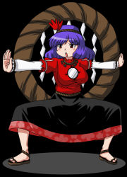 Rule 34 | 1girl, breasts, brown eyes, female focus, hair ornament, huge breasts, leaf hair ornament, outstretched arms, poinikusu, purple hair, rope, shide, shimenawa, short hair, solo, spread arms, touhou, yasaka kanako