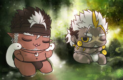 Rule 34 | 2boys, beard, beard stubble, bidziil (gyee), bird, blonde hair, brown hair, buegnahrnc9m9lh, chibi, closed eyes, crossed arms, dark skin, ear piercing, earrings, facial hair, forest, fundoshi, gyee, headband, highres, in water, japanese clothes, jewelry, looking at another, male focus, mature male, multicolored hair, multiple boys, nature, nipples, no pants, one eye closed, onsen, outdoors, piercing, pointy ears, scar, snake, spiked hair, stubble, tangaroa (housamo), tokyo houkago summoners, topless male, water, white hair, yellow eyes