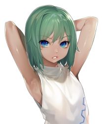 Rule 34 | 1girl, absurdres, armpits, arms behind head, arms up, bad id, bad pixiv id, bare arms, bare shoulders, blue eyes, dark-skinned female, dark-skinned male, dark skin, green hair, highres, looking at viewer, male focus, ohisashiburi, original, parted lips, short hair, simple background, sleeveless, solo, teeth, upper body, white background