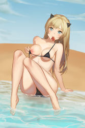 Rule 34 | 1girl, arm support, bad id, bad pixiv id, bare arms, beach, bikini, black bikini, blonde hair, blue sky, blush, braid, breasts, collarbone, condom, condom in mouth, day, french braid, full body, girls&#039; frontline, hair ornament, highres, k5 (girls&#039; frontline), knees together feet apart, long hair, looking at viewer, medium breasts, mouth hold, nipples, ocean, sand, sidelocks, sitting, sky, smile, solo, swimsuit, turi, water