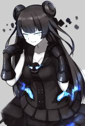 Rule 34 | 1girl, abyssal ship, black hair, black sailor collar, black skirt, blue eyes, breasts, cleavage, colored skin, double bun, gauntlets, glowing, glowing eyes, grey background, grin, hair bun, kantai collection, light cruiser oni, long hair, looking at viewer, medium breasts, pale skin, pleated skirt, sailor collar, simple background, skirt, sleeveless, smile, solo, tiemu (man190), white skin