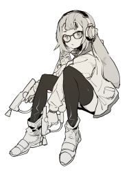 Rule 34 | 1girl, ddari, dual wielding, glasses, greyscale, gun, headphones, highres, holding, holding gun, holding weapon, inkling, inkling girl, inkling player character, jacket, long sleeves, looking at viewer, monochrome, nintendo, open clothes, open jacket, parted lips, shoes, simple background, sitting, solo, splatoon (series), suction cups, tentacle hair, thighhighs, weapon, white background