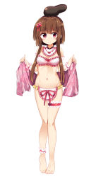 Rule 34 | 1girl, adapted costume, bandeau, bare legs, bare shoulders, blush, breasts, bridal garter, brown hair, cleavage, commentary request, detached collar, frilled shirt collar, frills, full body, groin, hair bobbles, hair ornament, hat, highres, holding, looking at viewer, maturiuta sorato, midriff, navel, nishida satono, pink eyes, red ribbon, ribbon, shawl, short hair, short hair with long locks, simple background, small breasts, smile, solo, standing, touhou, white background, wrist cuffs