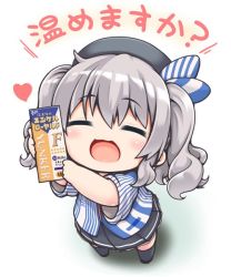 Rule 34 | 10s, 1girl, :d, ^ ^, alternate costume, beret, chibi, commentary request, employee uniform, closed eyes, hat, heart, kantai collection, kashima (kancolle), kuroneko liger, lawson, open mouth, short sleeves, silver hair, smile, solo, translation request, twintails, uniform, aged down