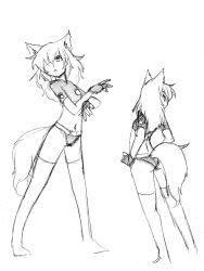 Rule 34 | 1girl, animal ears, camel (dansen), female focus, midriff, monochrome, navel, original, sachiho, solo, tail, thighhighs, wolf ears, wolf tail