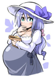 Rule 34 | 1girl, bow, breasts, cleavage, covering own mouth, green eyes, hair bow, hair ribbon, hand over own mouth, hat, hat bow, hat ribbon, kugelschreiber, large breasts, large hat, light purple hair, long hair, original, ponytail, pregnant, ribbon, solo