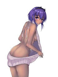 Rule 34 | 1girl, aran sweater, arched back, ass, backless dress, backless outfit, bare back, bare shoulders, breasts, butt crack, cable knit, cowboy shot, dark-skinned female, dark skin, dress, fate/prototype, fate/prototype: fragments of blue and silver, fate (series), from side, hair between eyes, halterneck, hassan of serenity (fate), hazamanokaien, kurokku, leaning forward, looking at viewer, looking back, medium breasts, meme attire, naked sweater, parted lips, purple eyes, purple hair, ribbed sweater, short hair with long locks, sideboob, simple background, solo, sweater, sweater dress, turtleneck, turtleneck sweater, virgin killer sweater, white background