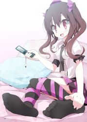 Rule 34 | 1girl, bad id, bad pixiv id, black socks, blush, bow, brown hair, brush, cellphone, checkered clothes, checkered skirt, cushion, feet, flip phone, hair bow, hair ornament, hat, highres, himekaidou hatate, holding, long hair, necktie, no shoes, on bed, oouso, open mouth, phone, puffy sleeves, red eyes, ribbon, shirt, short sleeves, sitting, skirt, smile, socks, soles, solo, thighhighs, toes, tokin hat, touhou, twintails, vest
