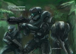 Rule 34 | 3boys, absurdres, aiming, armor, assault rifle, bullpup, commentary, commission, dashimaki (dasimakitama50), english commentary, gun, halo (game), halo (series), halo infinite, highres, holding, holding gun, holding weapon, ma5, multiple boys, power armor, rifle, science fiction, scope, second-party source, skeb commission, spartan (halo), twitter username, visor, weapon