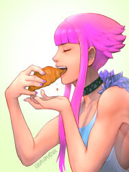 Rule 34 | 1girl, black choker, breasts, choker, closed eyes, commentary, croissant, eating, english commentary, fingernails, food, holding, holding food, large breasts, manon legrand, no bra, pink hair, purple nails, quasimodox, short hair with long locks, sideboob, sleeveless, solo, street fighter, street fighter 6, tank top, white tank top