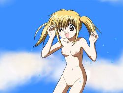 Rule 34 | 00s, 1girl, blonde hair, breasts, brown eyes, cleft of venus, cloud, cowboy shot, day, looking at viewer, minami kaede, mirumo de pon!, navel, nipples, nude, nude filter, one eye closed, open mouth, outdoors, pussy, sky, small breasts, smile, solo, third-party edit, twintails, uncensored, wink