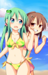 Rule 34 | 2girls, alternate hairstyle, alternate headwear, bikini, blush, breasts, brown eyes, brown hair, cleavage, clenched hand, d:, evil grin, evil smile, frog hair ornament, front-tie top, green eyes, green hair, grin, groin, hair ornament, hairpin, hakurei reimu, kochiya sanae, multiple girls, navel, nitizyo, open mouth, ponytail, red bikini, side-tie bikini bottom, smile, swimsuit, touhou, twintails, yin yang, you gonna get raped