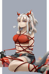 Rule 34 | 1girl, 1other, puff of air, absurdres, arknights, arms behind back, bandeau, bdsm, bondage, bound, braid, breasts, commentary, grey background, half updo, highres, holding, holding staff, horns, large breasts, long hair, midriff, multicolored hair, navel, nian (arknights), pointy ears, purple eyes, red hair, restrained, sarkaz caster (arknights), shoes, short shorts, shorts, silver hair, simple background, sitting, staff, stomach, strapless, streaked hair, tail, tube top, vyragami, wariza