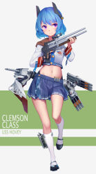 Rule 34 | 1girl, absurdres, american flag, arnold-s, black gloves, blue hair, blue skirt, blush, breast pocket, breasts, closed mouth, fingerless gloves, gloves, gun, highres, holding, holding gun, holding weapon, kneehighs, looking at viewer, mary janes, medium breasts, navel, original, pocket, purple eyes, scope, shoes, skirt, smile, socks, solo, weapon, world of warships