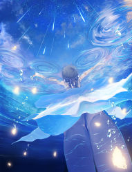 Rule 34 | 1girl, arms up, black hair, black pantyhose, blue theme, bubble, cloud, commentary, dress, facing away, from behind, from below, headdress, highres, kneepits, long hair, meteor, meteor shower, night, night sky, original, outstretched arms, pantyhose, partially submerged, popopo (popopo5656), ripples, scenery, sequins, shooting star, sky, solo, star (sky), starry sky, underwater, upskirt, water, wet, wet clothes, white dress