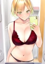 Rule 34 | 1girl, blonde hair, bra, breasts, cellphone, closed mouth, collarbone, commentary request, highres, holding, holding phone, large breasts, navel, original, panties, phone, red bra, red panties, rinku (rin9), selfie, smile, solo, underwear, underwear only, yellow eyes