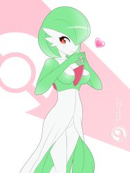 Rule 34 | 1girl, artist name, blush, breasts, collarbone, creatures (company), female focus, game freak, gardevoir, gen 3 pokemon, green hair, hair over one eye, hands up, happy, heart, highres, looking to the side, medium breasts, nintendo, orcaleon, own hands together, pink background, poke ball symbol, pokemon, pokemon (creature), red eyes, short hair, simple background, smile, solo, standing, two-tone background, watermark