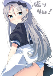 Rule 34 | 1girl, ass, beret, black dress, blue eyes, closed mouth, cowboy shot, dress, grey hair, hat, javelin (kancolle), kantai collection, long hair, panties, puffy short sleeves, puffy sleeves, sailor hat, sanninme no haru, short sleeves, simple background, smile, solo, striped clothes, striped panties, underwear, wedgie, white background, white dress, white hat