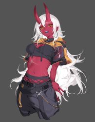 Rule 34 | 1girl, absurdres, akumi (yoclesh), arm behind back, black nails, black pants, breasts, cleavage, colored skin, fingernails, grey background, hair between eyes, highres, horns, long fingernails, long hair, looking at viewer, medium breasts, midriff, nail polish, navel, oni horns, open mouth, orange eyes, pants, pointy ears, red skin, scar, scar on face, scar on stomach, shisantian, short hair, simple background, solo, teeth, virtual youtuber, vyugen, white hair